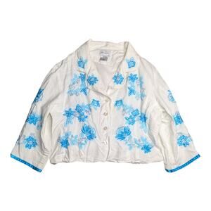 Vtg Y2K Live a Little White Blue Floral Embroidered Button Up Cropped Jacket XL